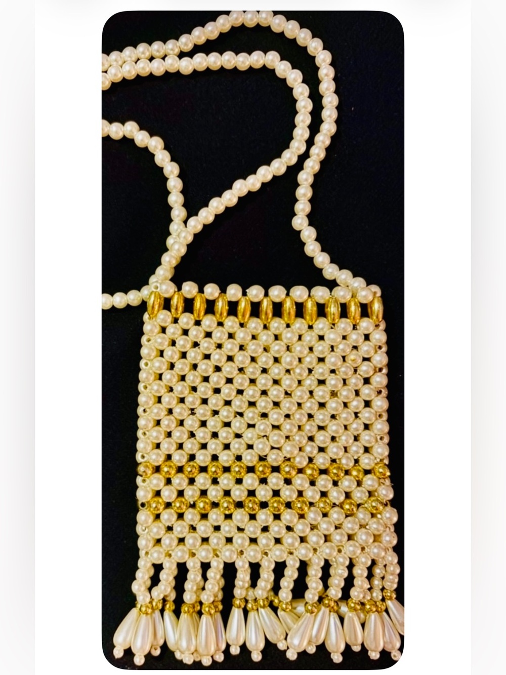 New Pearl Beaded Fringe Small Crossbody Bag with Gold Accents